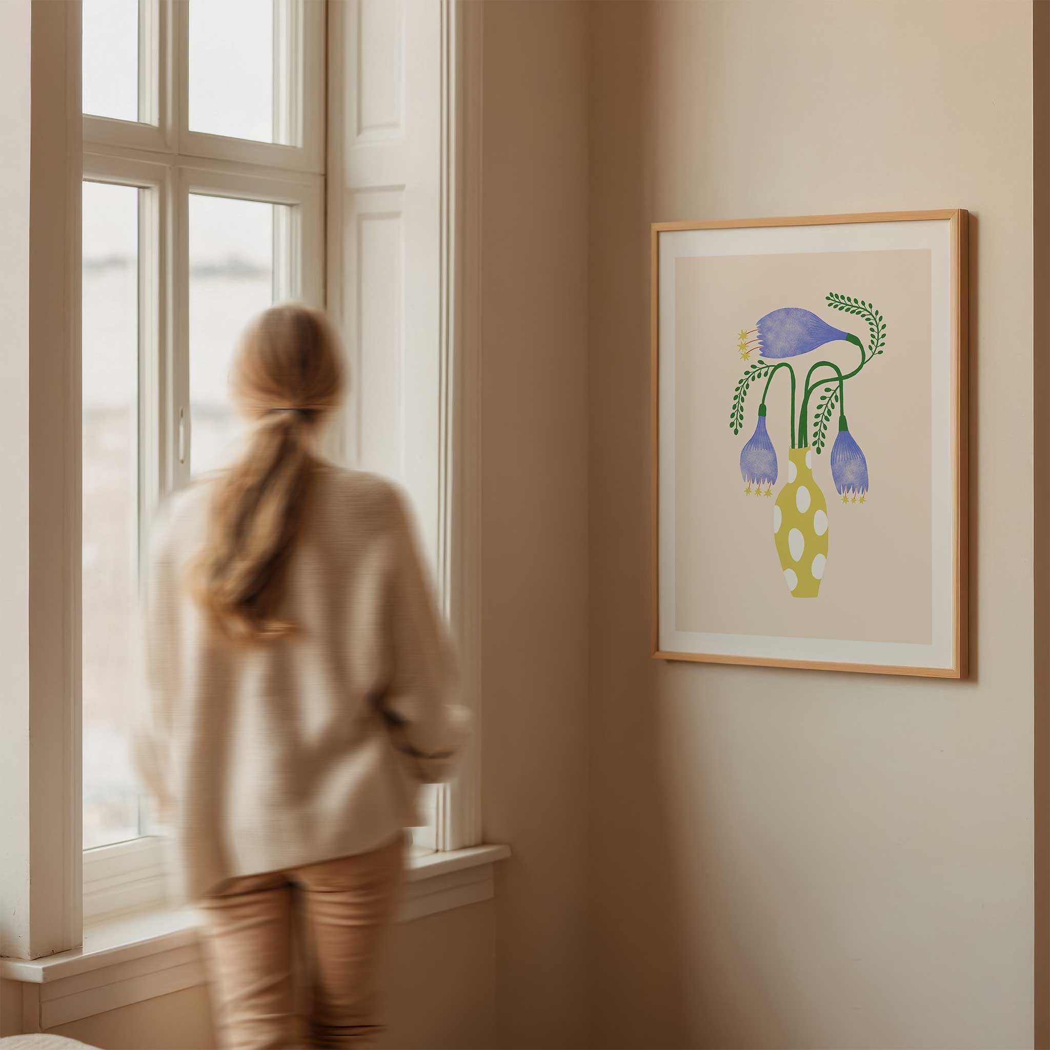 Floral 'Spotted Vase Blooms' in spotted vase, unique minimalist wall art with an artistic aesthetic, titled 'Spotted Vase Blooms'