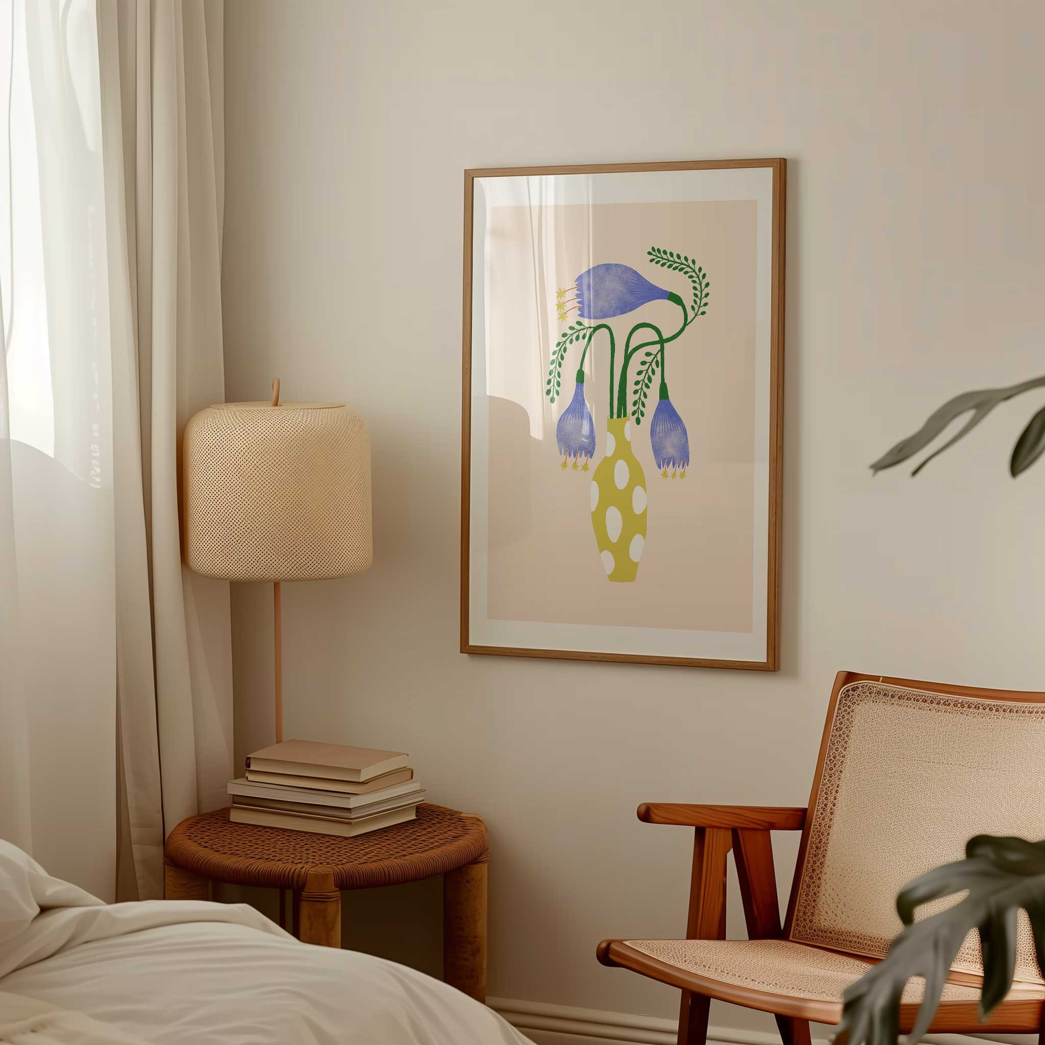 Floral 'Spotted Vase Blooms' in spotted vase, unique minimalist wall art with an artistic aesthetic, titled 'Spotted Vase Blooms'