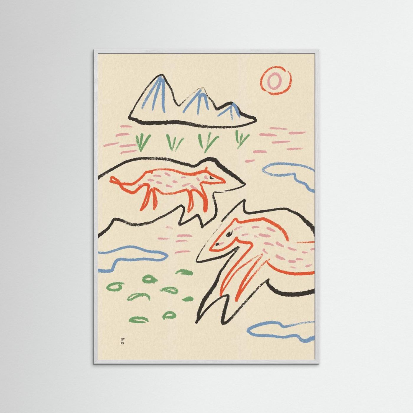 Whimsical Foxes Mountain Landscape by Raipa Studio
