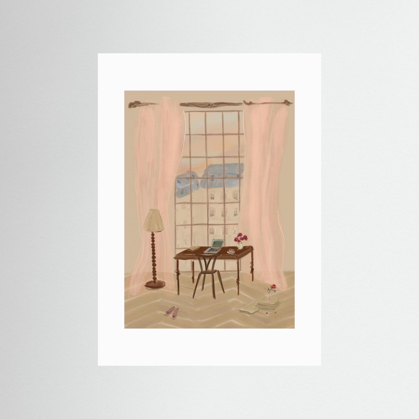 Paris Window View Illustration with Rustic Desk by Katharina Puritscher