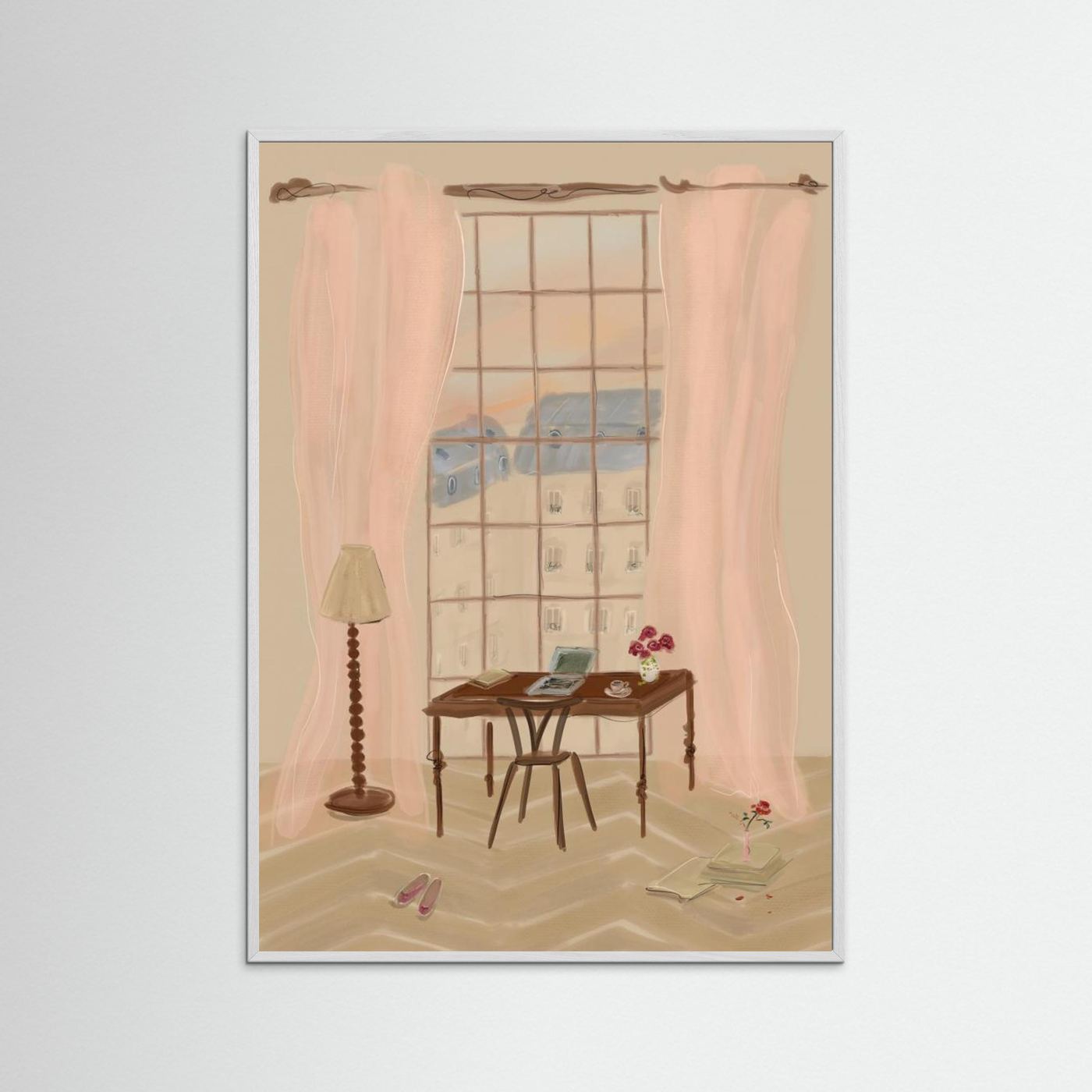 Paris Window View Illustration with Rustic Desk by Katharina Puritscher