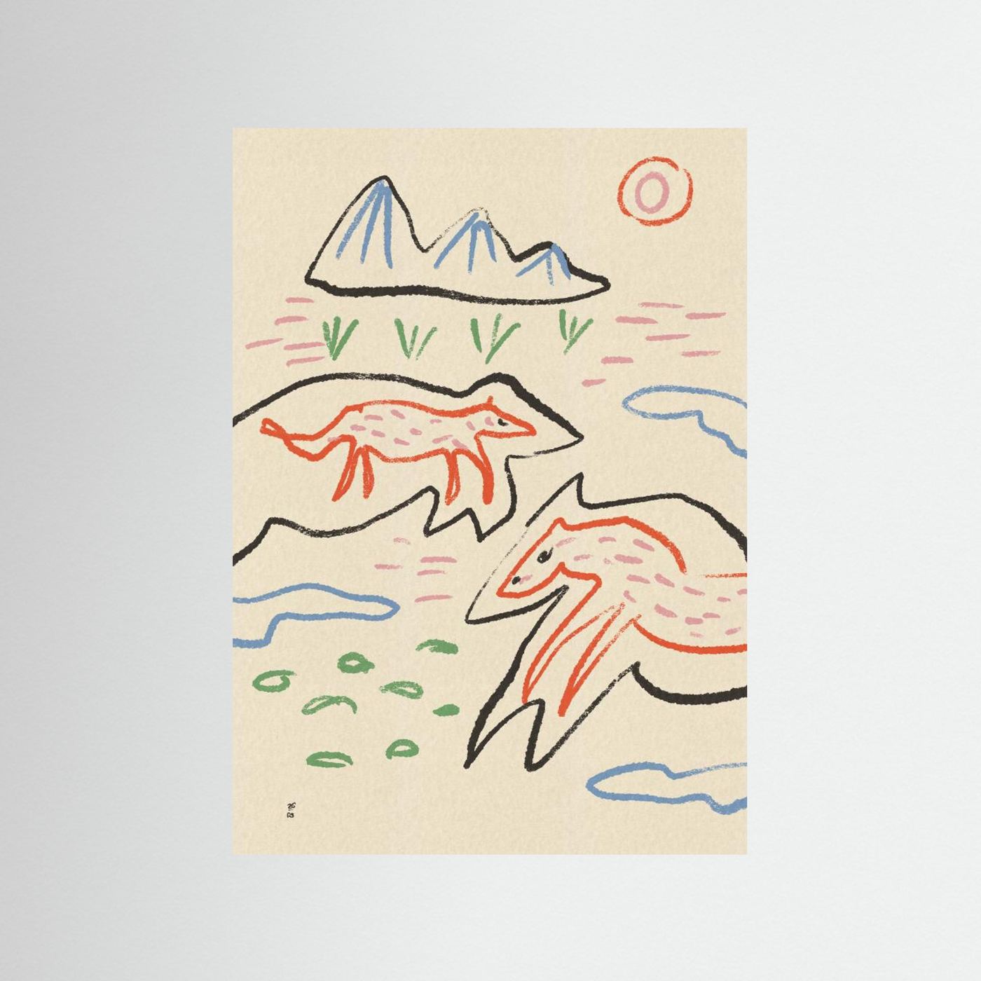 Whimsical Foxes Mountain Landscape by Raipa Studio