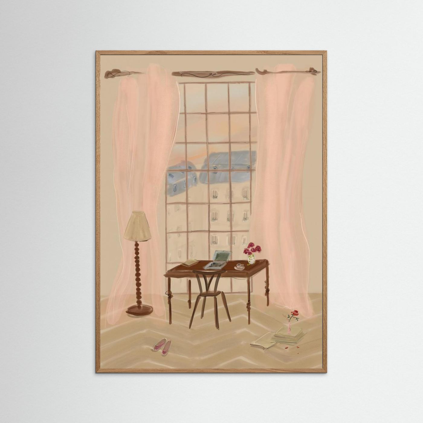 Paris Window View Illustration with Rustic Desk by Katharina Puritscher