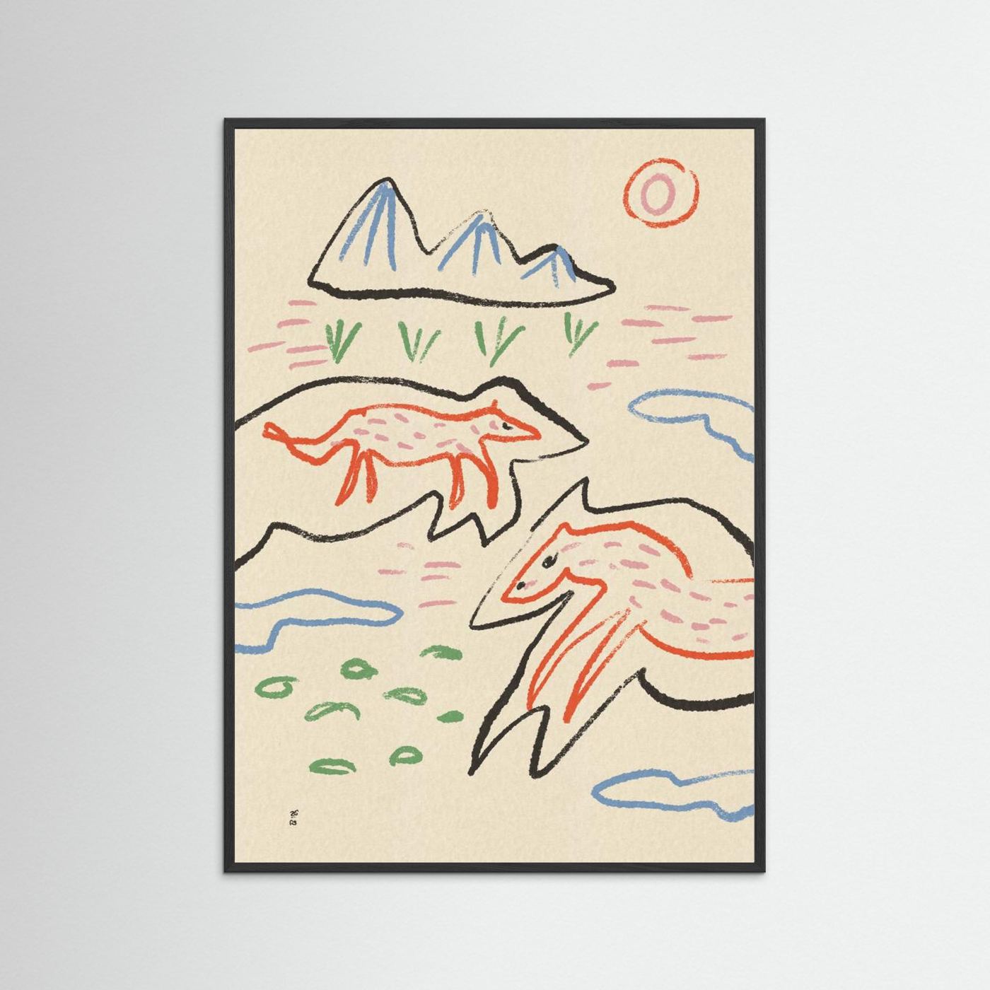 Whimsical Foxes Mountain Landscape by Raipa Studio