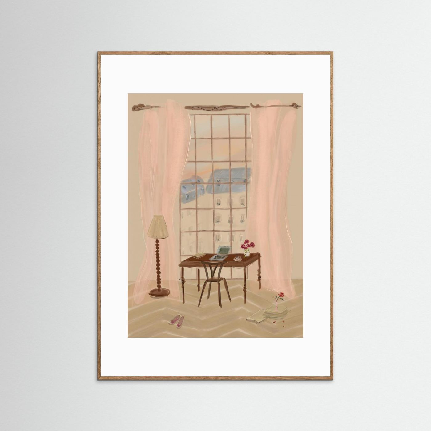 Paris Window View Illustration with Rustic Desk by Katharina Puritscher